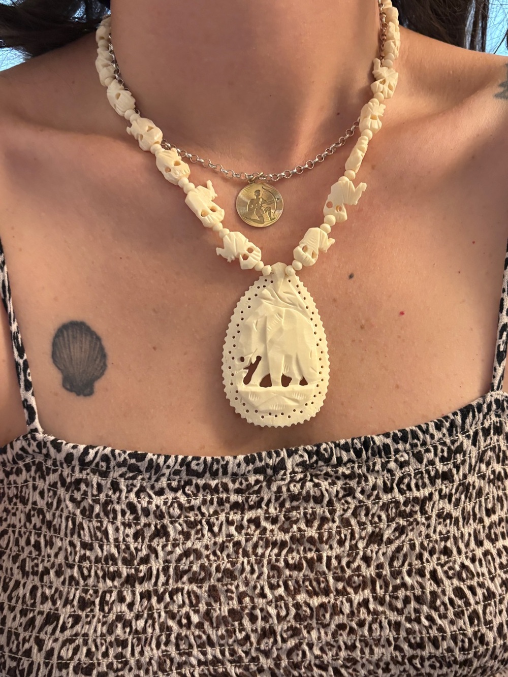 Vintage bone- Ivory Carved Elephant Pendant Necklace